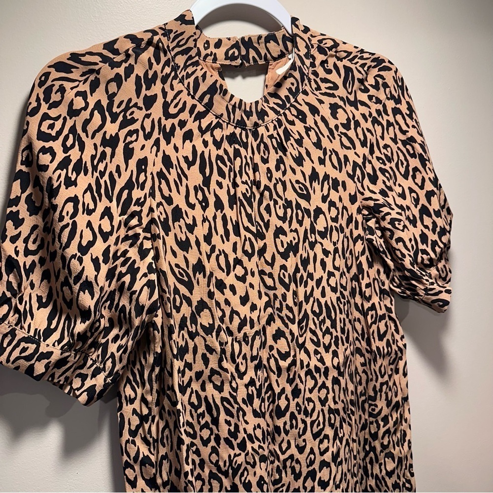 Anthropologie McKenzie Mock Neck Leopard Print Black & Tan Tunic Midi Dress XS - Picture 4 of 16